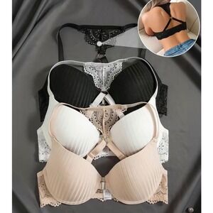 Lace Back Plunge Bra - Black, White, Beige